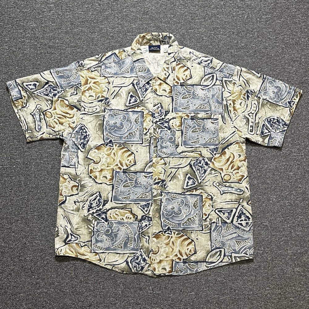 Bon Homme Beige Blue Hawaiian Shirt Size L Floral Abstract Short Sleeve‎